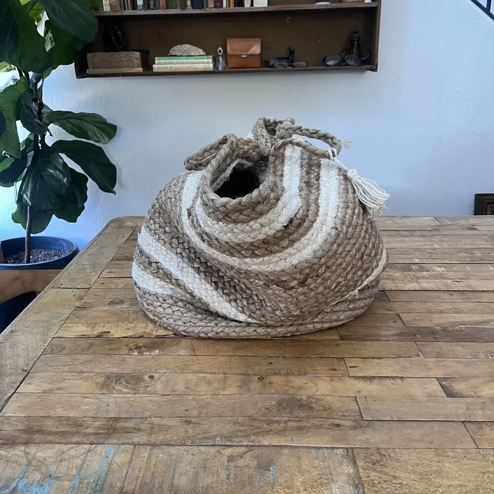 LR Home Natural Beige Jute Striped Storage Decorative Basket